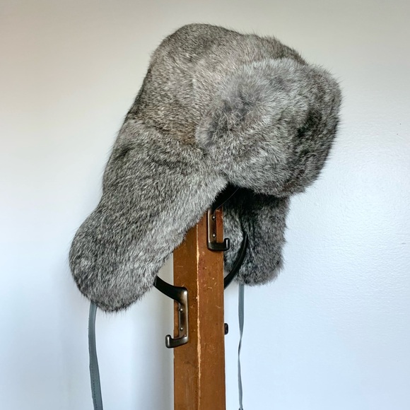 Gray Rabbit Fur Trapper Hat - Picture 12 of 15